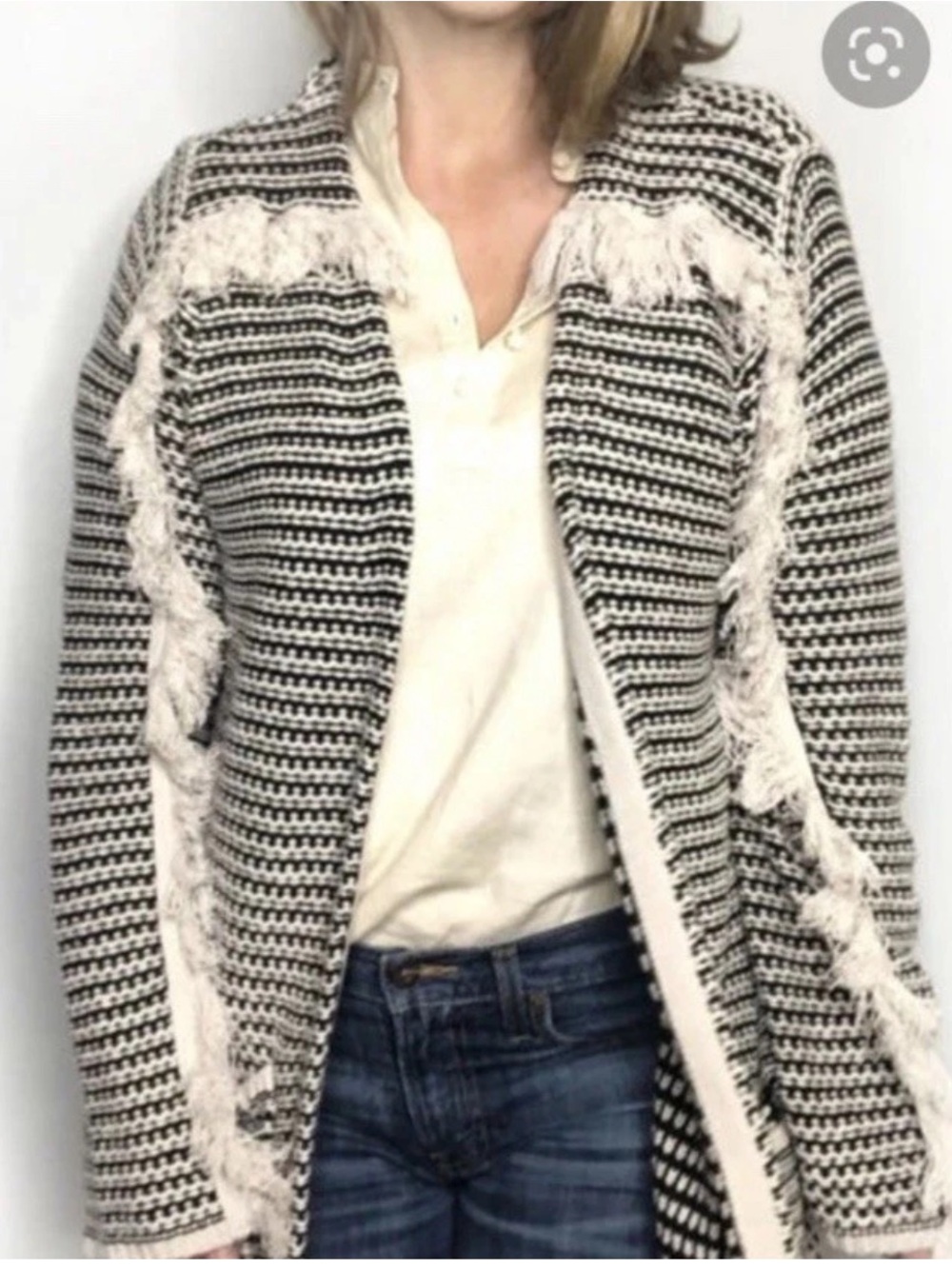 Knox Rose Fringed Open Front Cardigan Boho Knit Sweater Black cream XS/S
